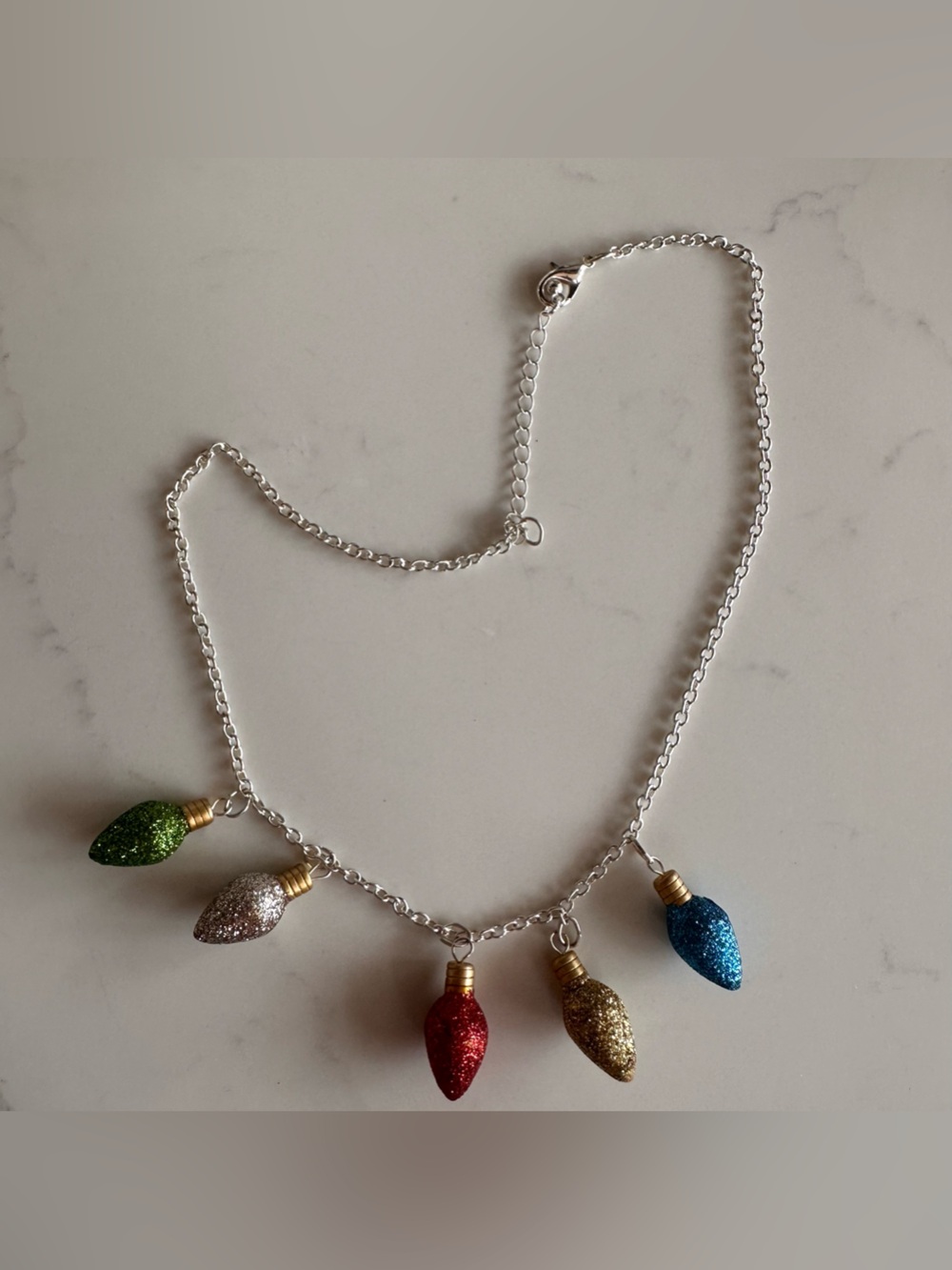 Glitter Christmas light Bulb Charm Necklace - Green, Blue, Silver